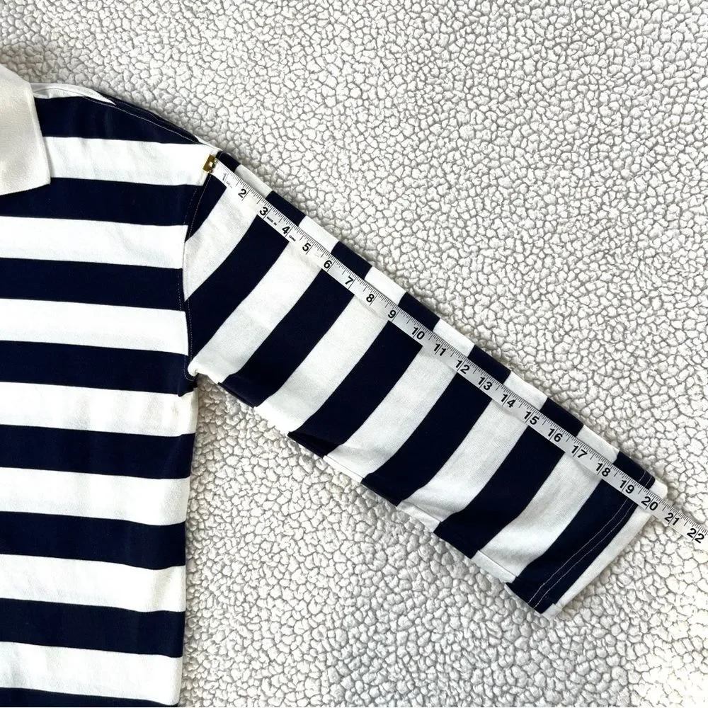 Zara Navy White Striped Long-Sleeve Cotton Rugby Preppy Polo Shirt Top SZ L - Picture 10 of 11